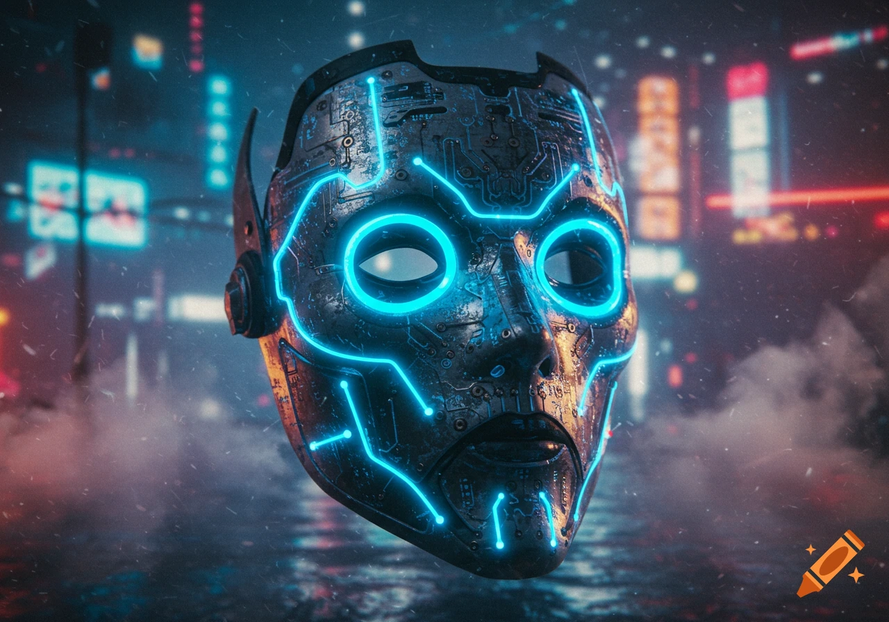 A detailed cyberpunk mask made of dark metal with glowing blue circuit patterns, set against a blurred, rainy neon city background.
