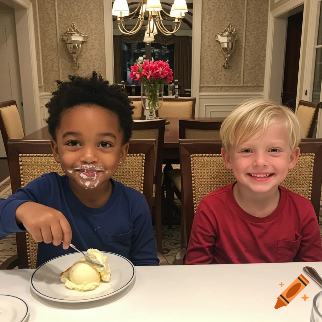 Two young boys smiling at a dining table, one with ice cream on his face, holding a spoon over a bowl of ice cream.
