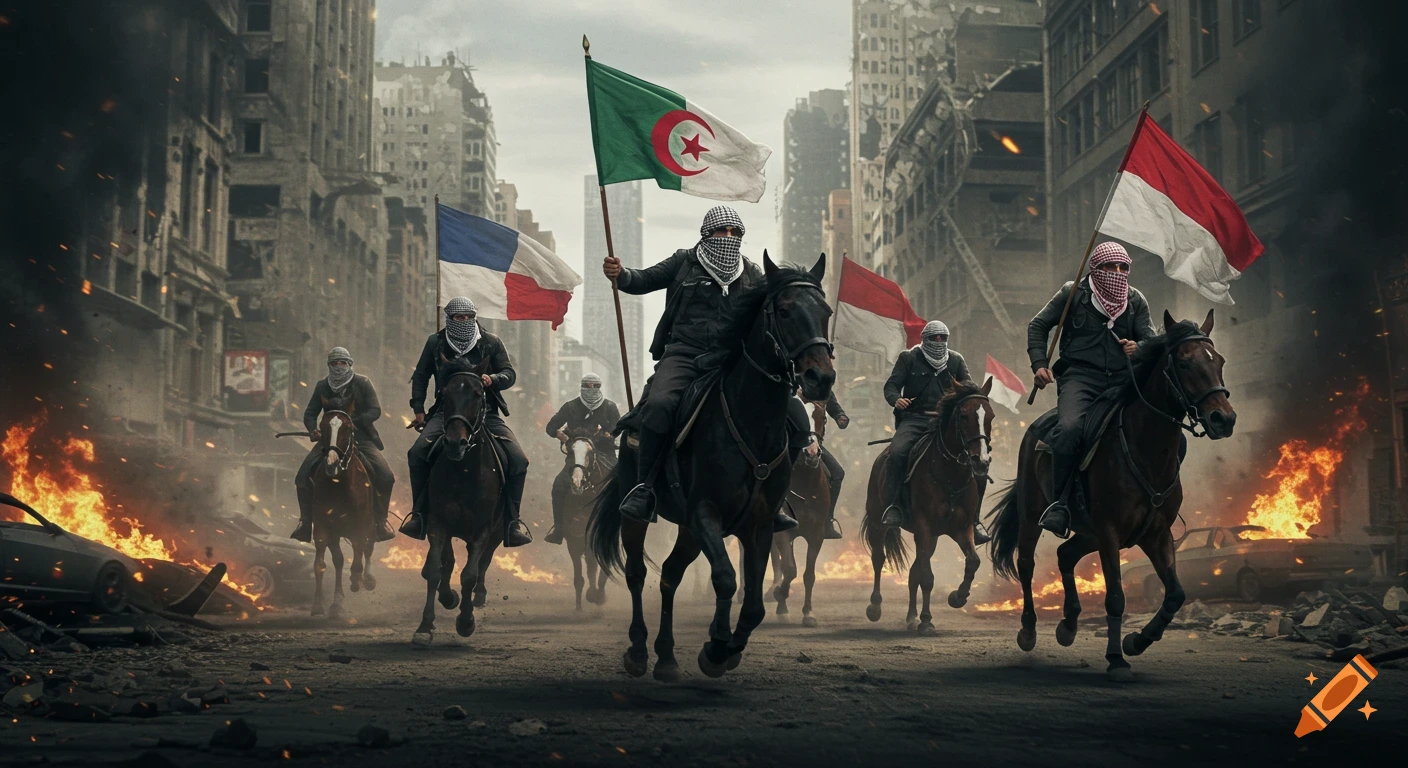 Several men in keffiyeh scarves ride black horses through a destroyed city with burning cars, carrying flags, in a gritty cinematic style.