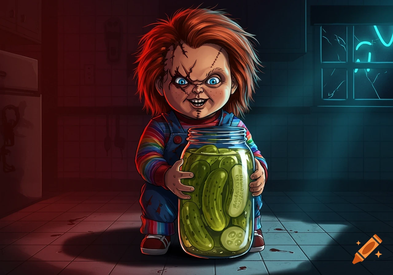 A cartoon illustration of Chucky, the horror doll, crouching and holding a large jar full of pickles, in a dark, stylized room.