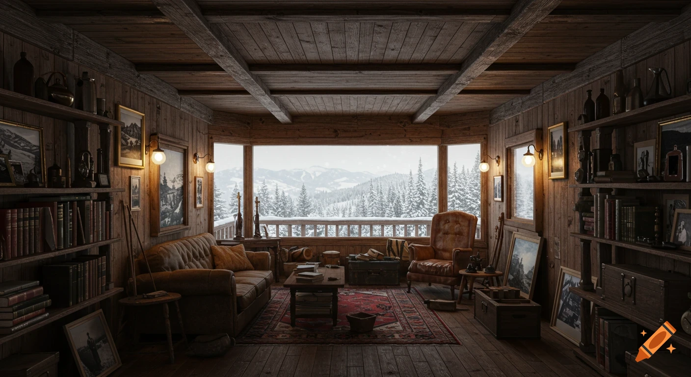 Photorealistic wide-angle view inside a cozy wood cabin filled with books and art, looking out to a snowy mountain forest.