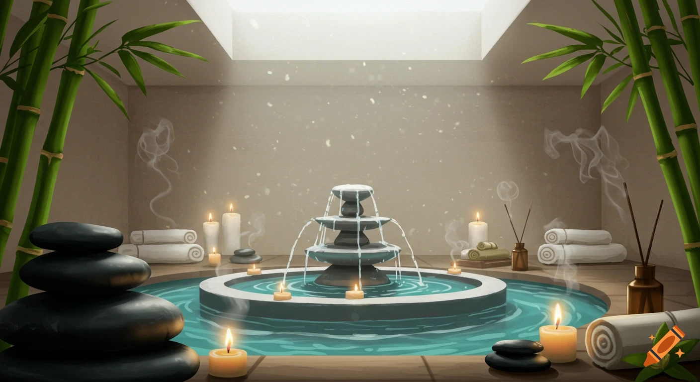 A serene digital illustration of a spa with a water fountain, lit candles, stacked stones, and bamboo plants in a tranquil room.