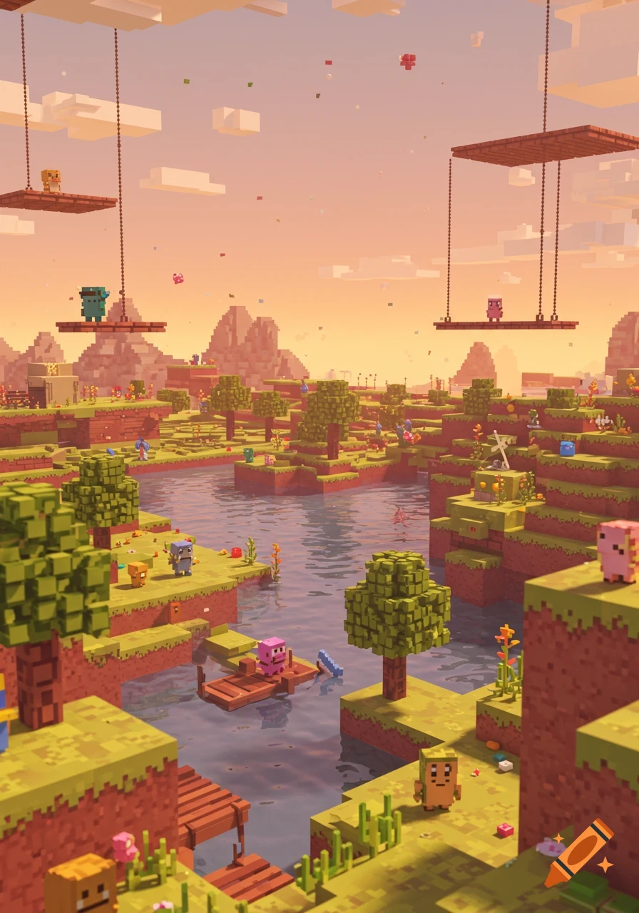 A vibrant pixel art landscape featuring blocky terrain, a winding river, trees, small characters, and floating platforms under a sunset sky.