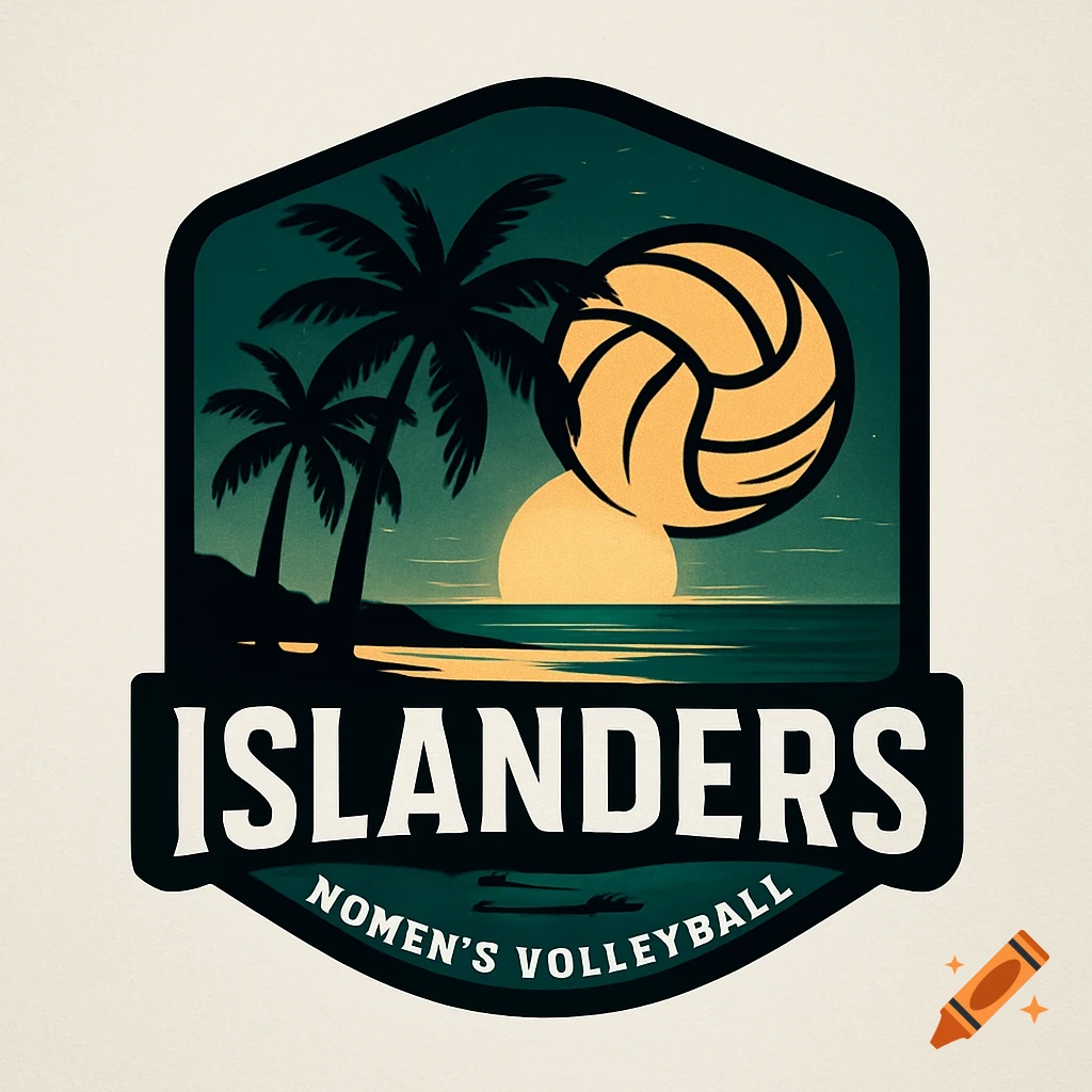 A stylized sports logo featuring two palm trees on an island, a setting or rising sun over the ocean, and a large volleyball. The text "ISLANDERS NOMEN'S VOLLEYBALL" is at the bottom. The colors are dark green, black, and orange.