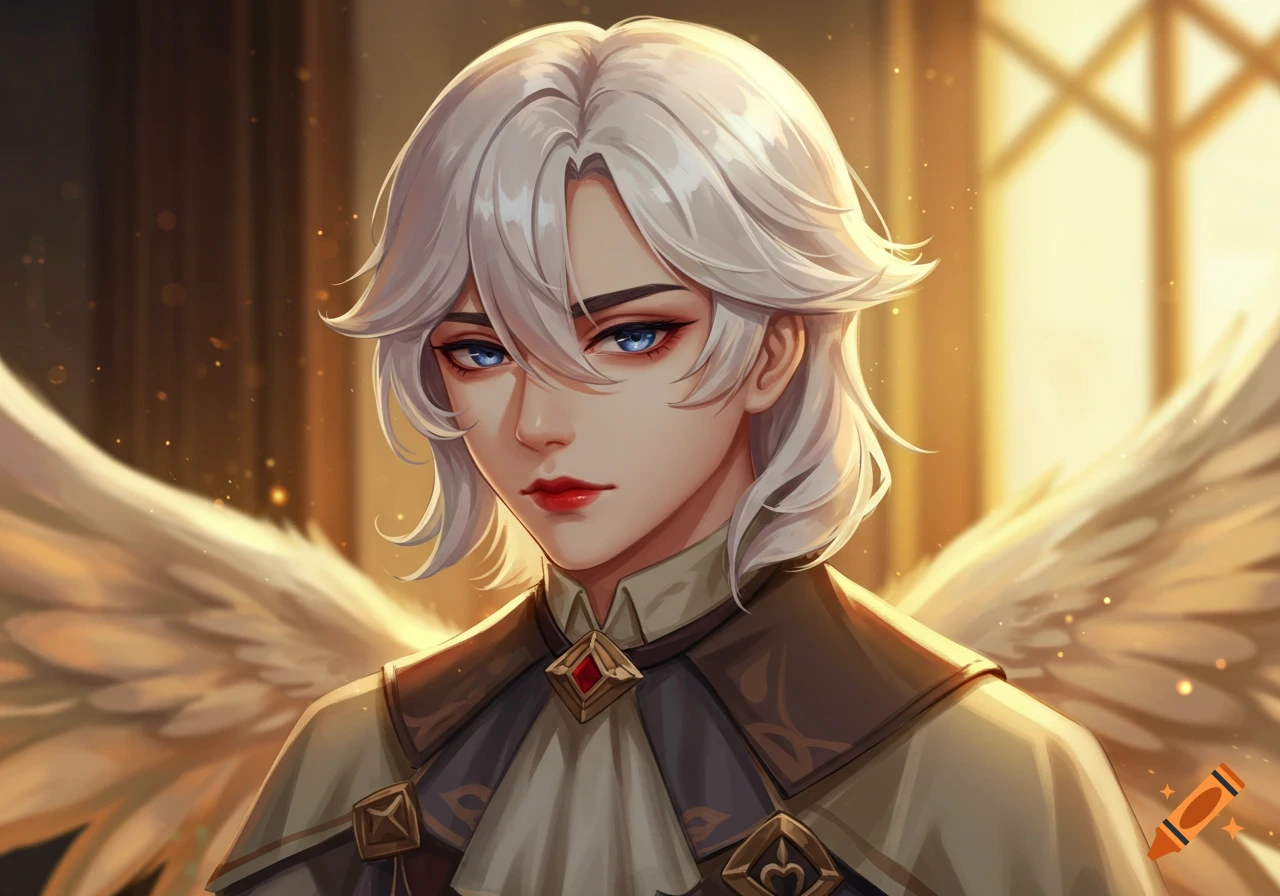 Anime portrait of a man with white hair, blue eyes, red lips, and large golden wings, wearing a light academia outfit against a warm golden background.