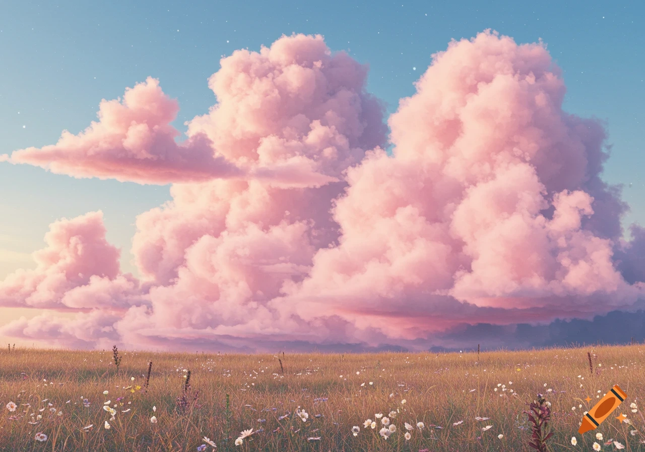 Pink fluffy clouds fill a clear blue sky above a field of wild grasses and small white and purple wildflowers.