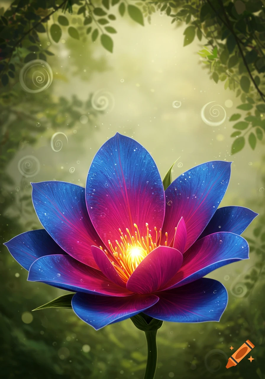 A vibrant, fantastical flower with blue and pink petals and a glowing yellow center, set against a blurred, leafy forest background.