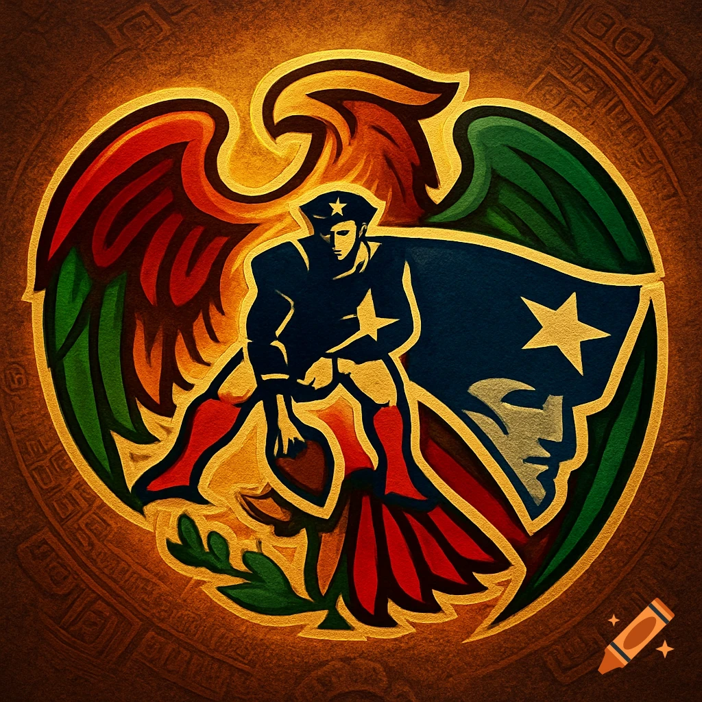Stylized digital art logo featuring a superhero-like figure holding a football, with wings in red, green, and blue, and stars.