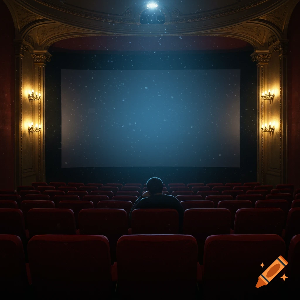 A lone person sits in the empty red seats of a grand, dark movie theater, watching a blank, snowy screen.