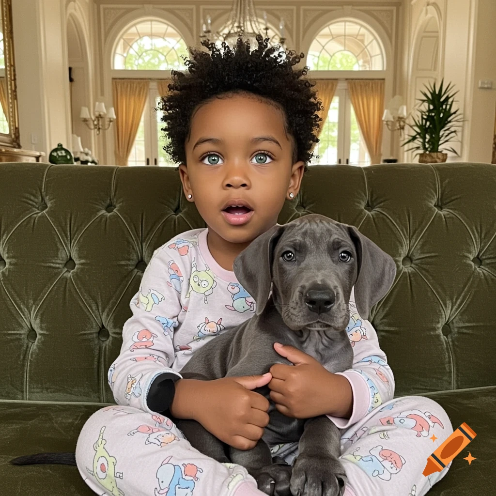 A young child with curly hair and green eyes in pajamas holds a gray Great Dane puppy on a green couch in a luxurious room.