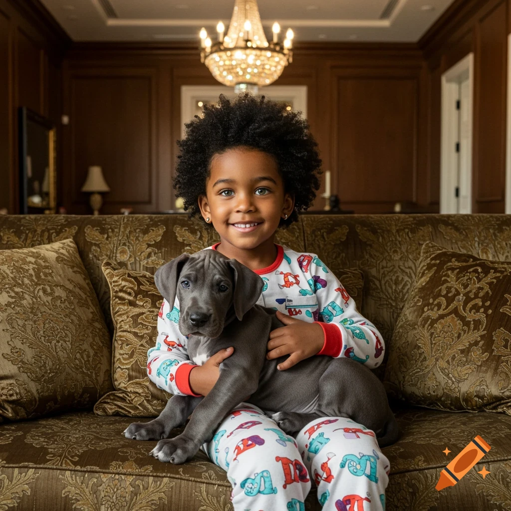 A young child with an afro and green eyes smiles while holding a gray puppy on a patterned couch in a luxurious room.