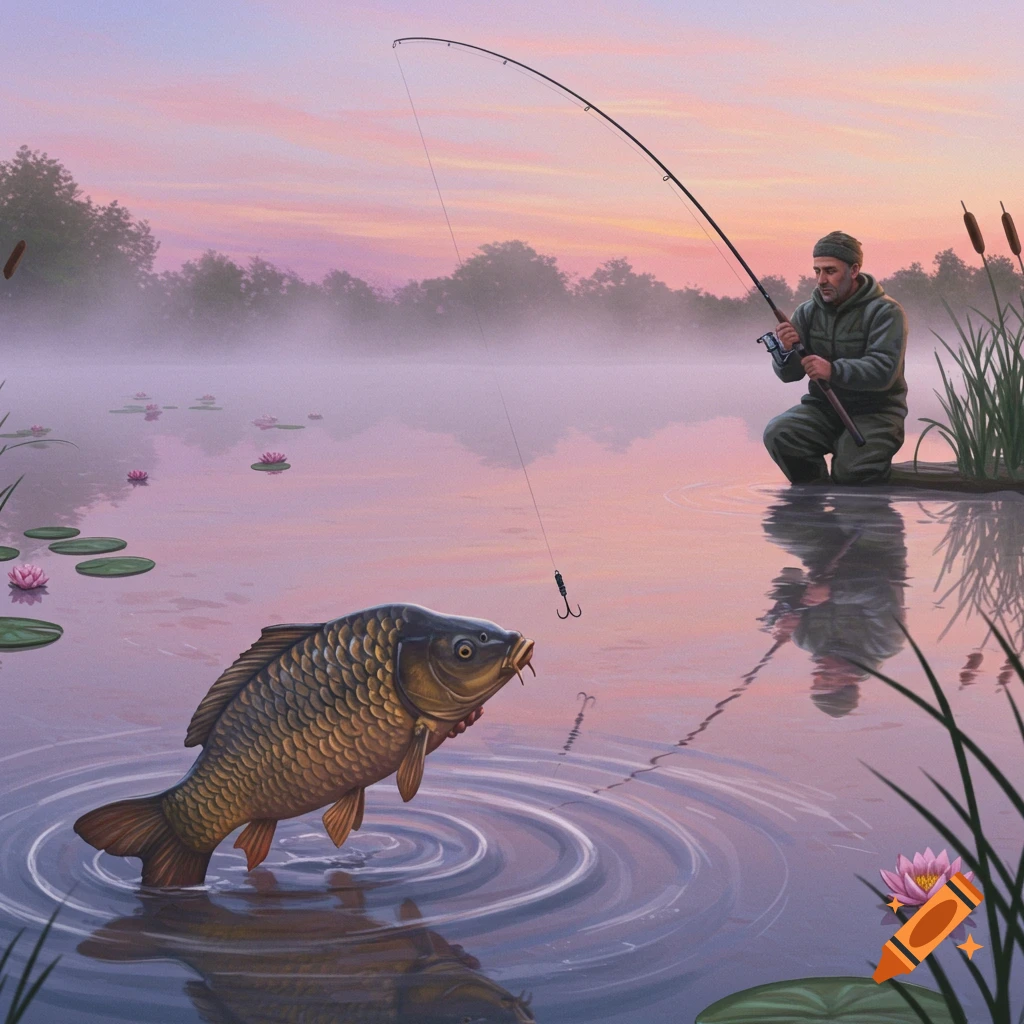 A man kneels fishing in a misty lake at dawn as a large carp leaps from the water near his fishing line.