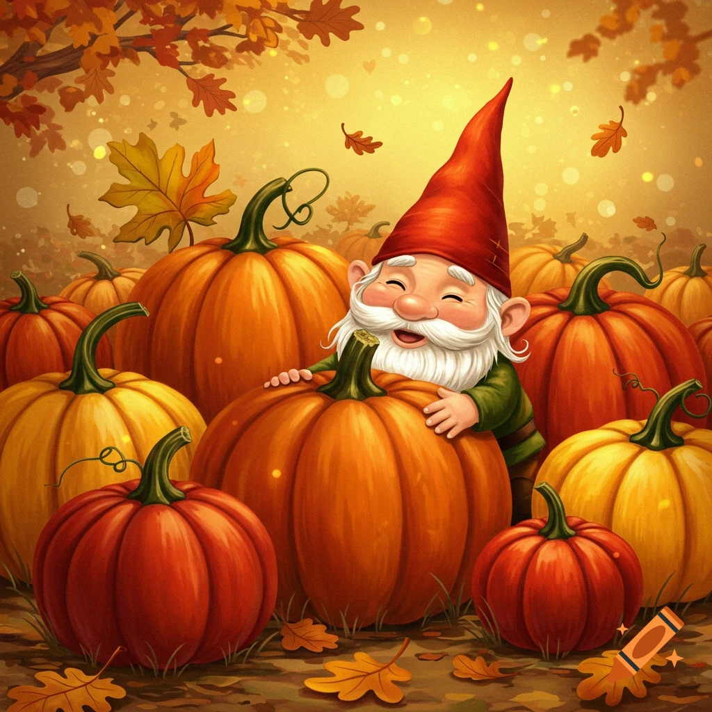 A whimsical illustration of a smiling gnome in a red hat among a field of orange and red pumpkins and fallen autumn leaves.