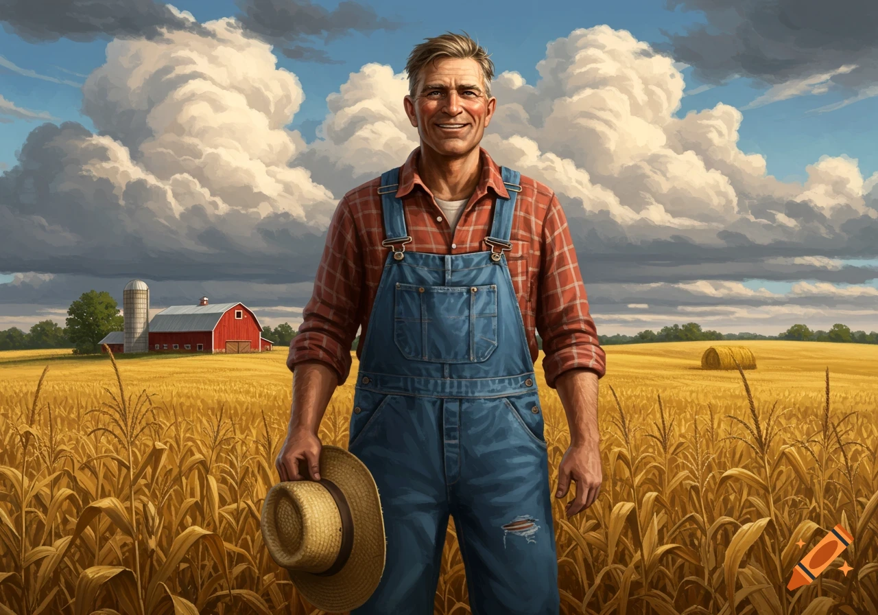 A smiling farmer in blue overalls and a red plaid shirt stands in a golden field, holding a straw hat, with a red barn, silo, and cloudy sky in the background.