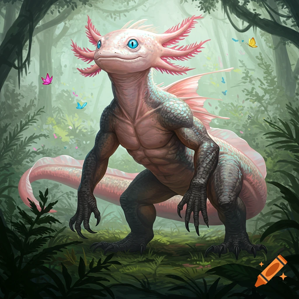 A muscular axolotl-lizard hybrid creature with pink gills and a scaly green body stands in a lush forest with butterflies.