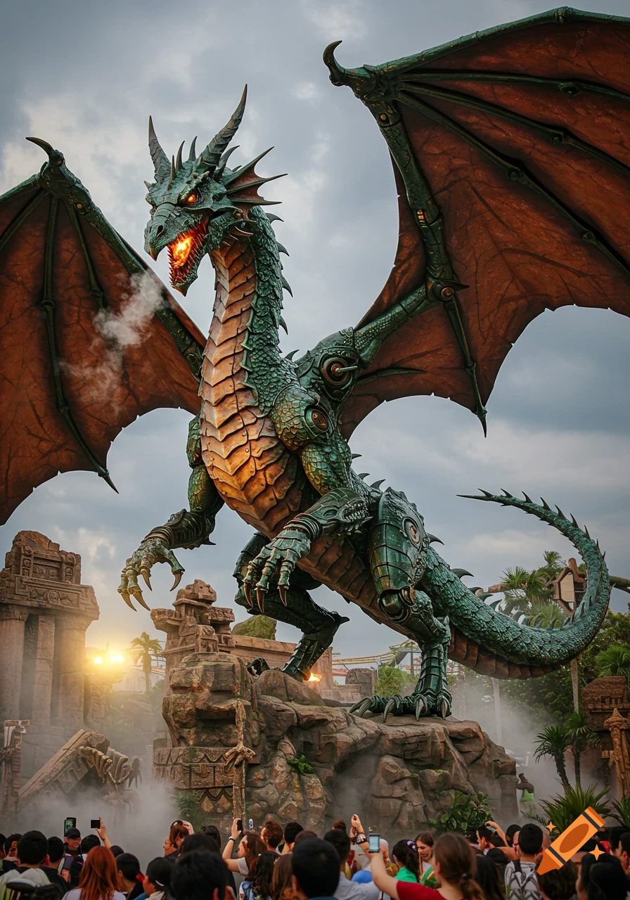 A massive, green, armored dragon animatronic with glowing eyes and mouth steam stands on ancient ruins as a crowd photographs it.