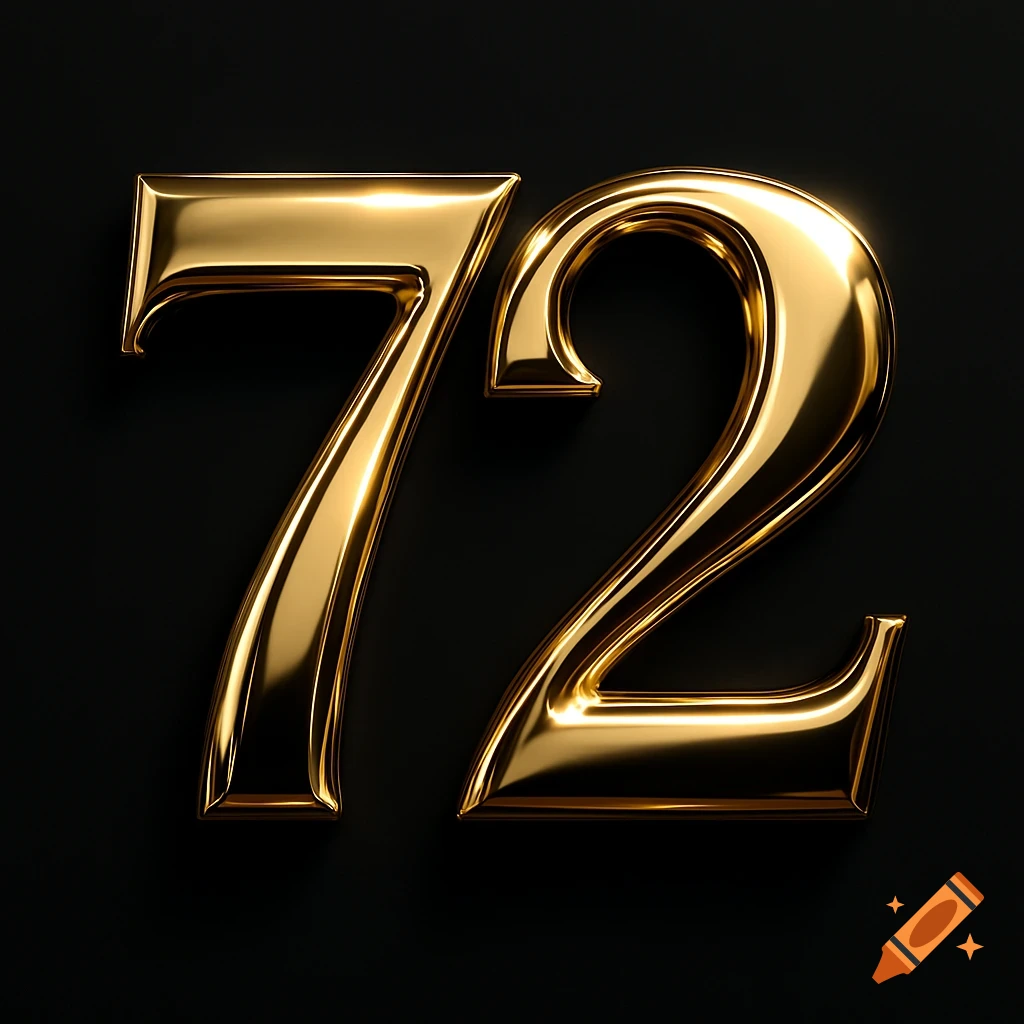 Two shiny gold chrome numbers, 72, against a dark background.