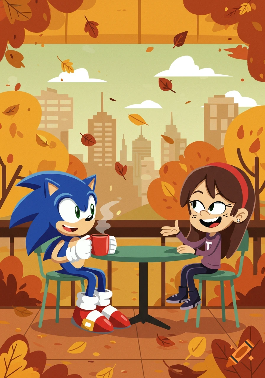Cartoon illustration of Sonic the Hedgehog and Sid Chang having coffee at an outdoor cafe in an autumn city.