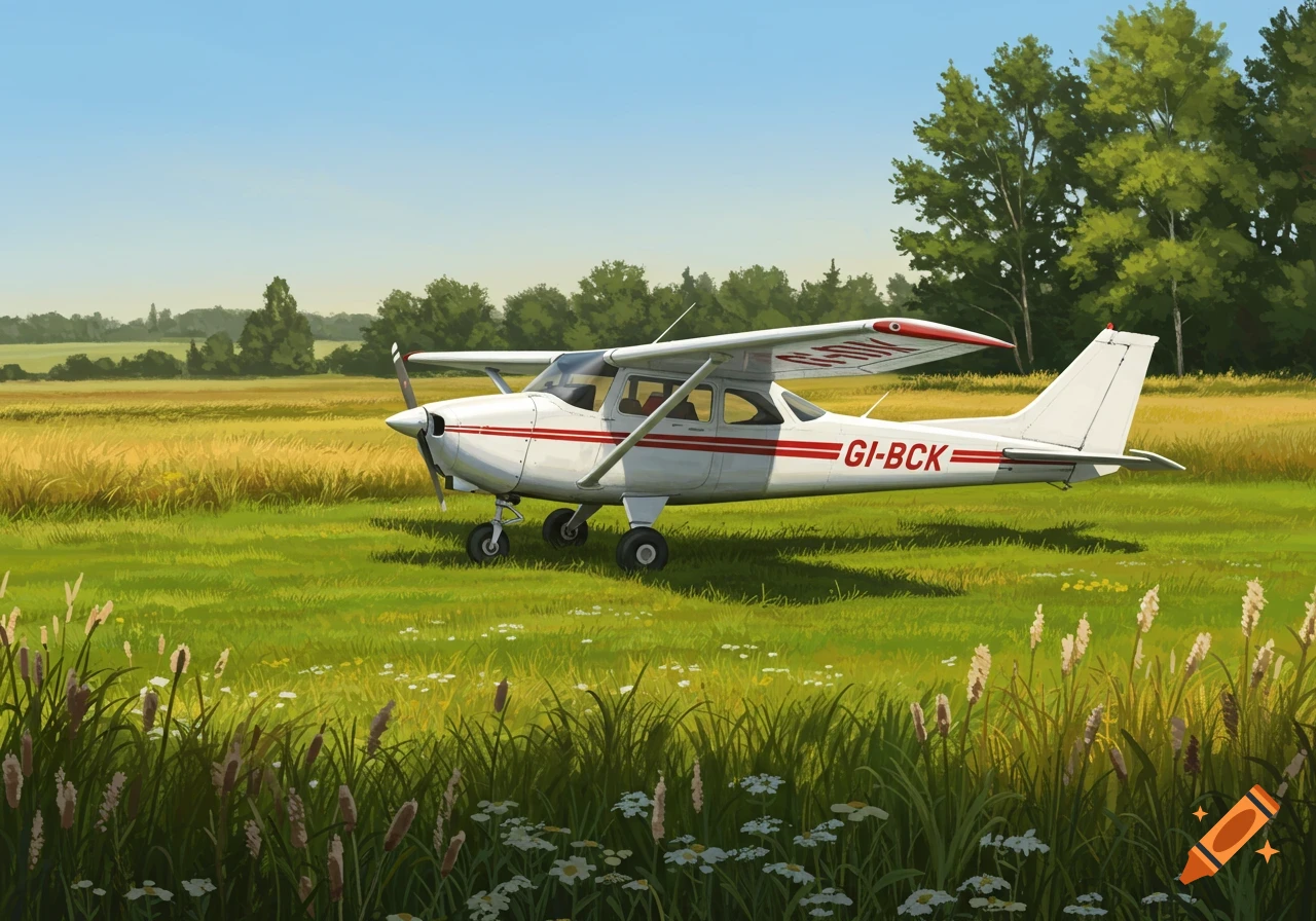 A white Cessna 150 airplane with red stripes is parked in a grassy field under a clear blue sky, with trees in the background, in an illustrative style.