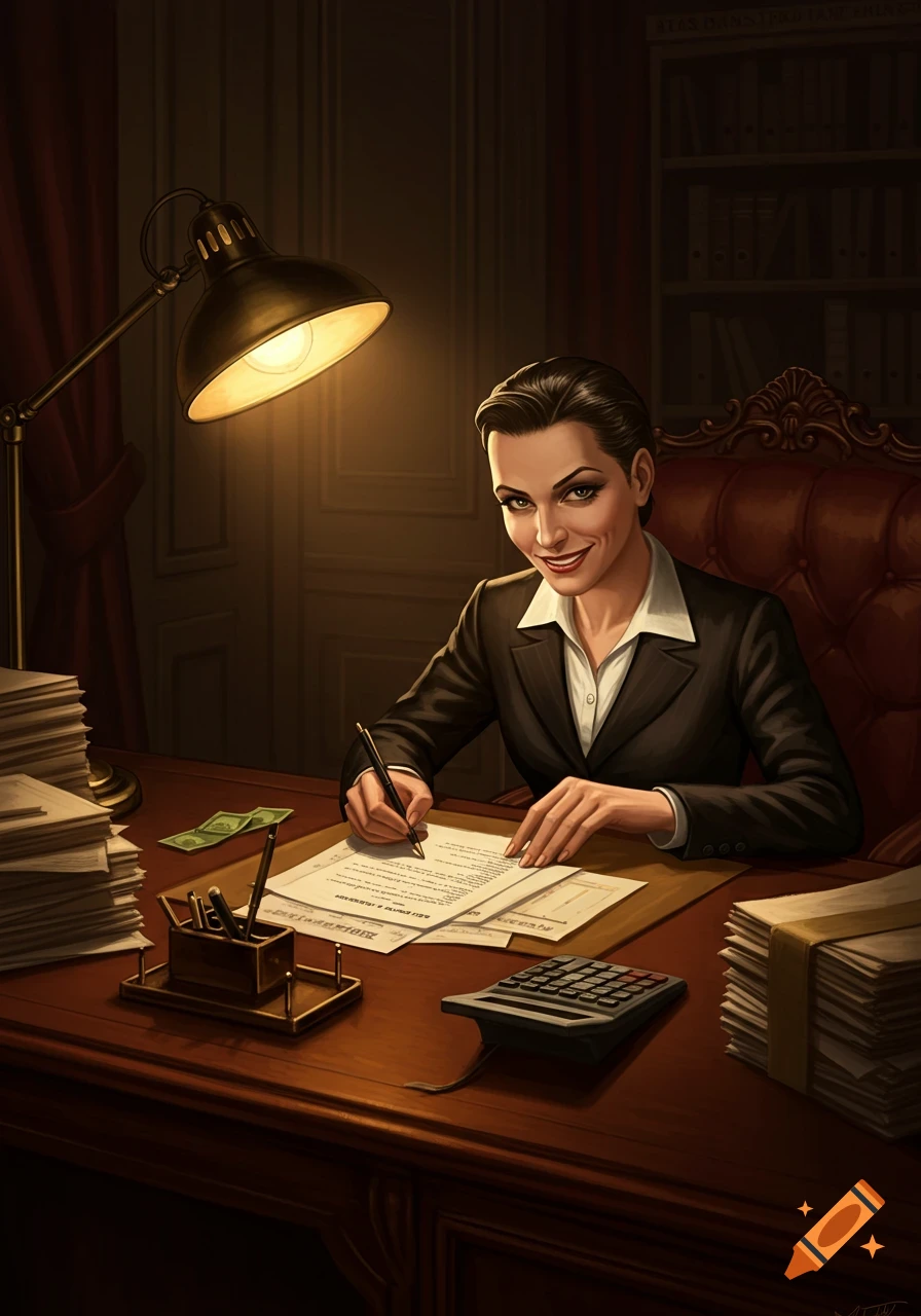 An illustration of a woman with a sly smile, dressed in a business suit, sitting at a desk with papers, a lamp, and a calculator.