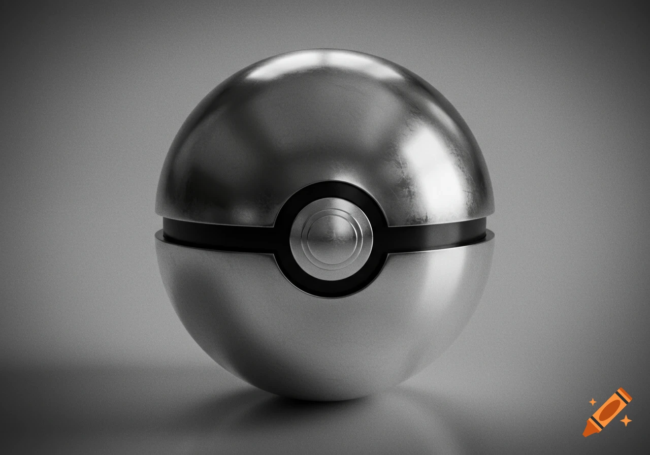 Hyperrealistic metallic Pokeball in black and white against a gray background.