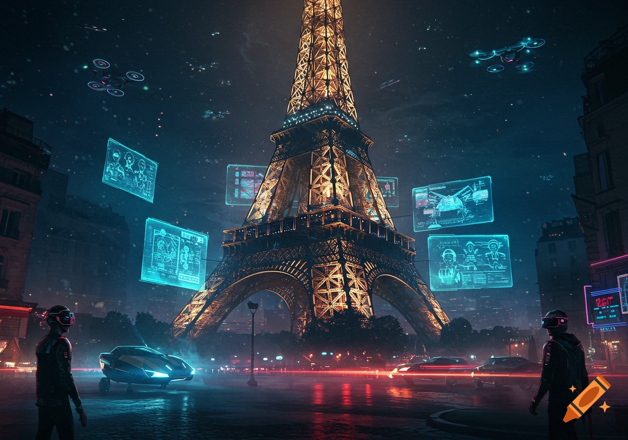 A cyberpunk Eiffel Tower at night with glowing holographic screens, futuristic cars, drones, and people in VR headsets.
