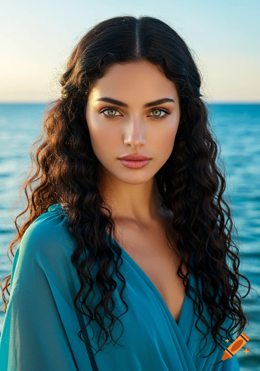 Photorealistic portrait of a beautiful woman with long dark curly hair and green eyes, wearing a blue dress, against a calm ocean background.