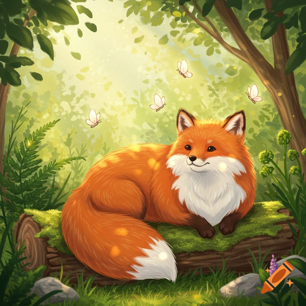A cute, plump red fox with white fur lies on a mossy log in a sun-dappled forest, surrounded by flying butterflies.