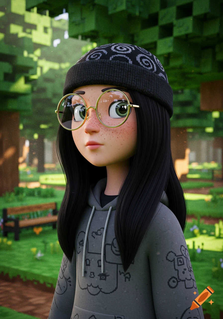 A 3D animated character with long black hair, oversized glasses, and a beanie in a pixelated park.