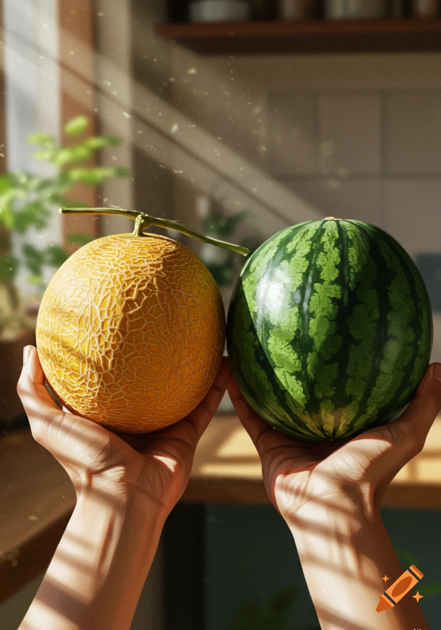 Two hands holding a cantaloupe and a watermelon in a sunlit room.