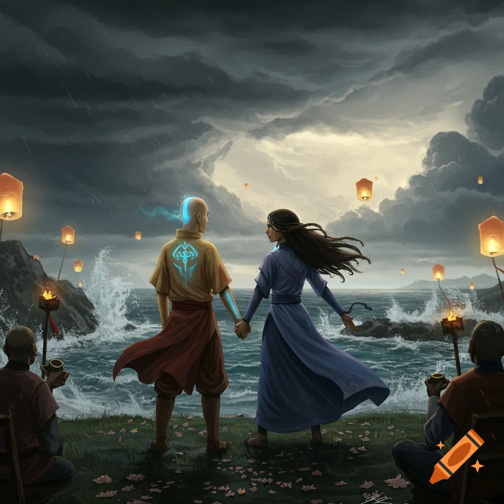 Aang and Katara hold hands on a stormy beach with crashing waves and glowing lanterns floating in the sky.