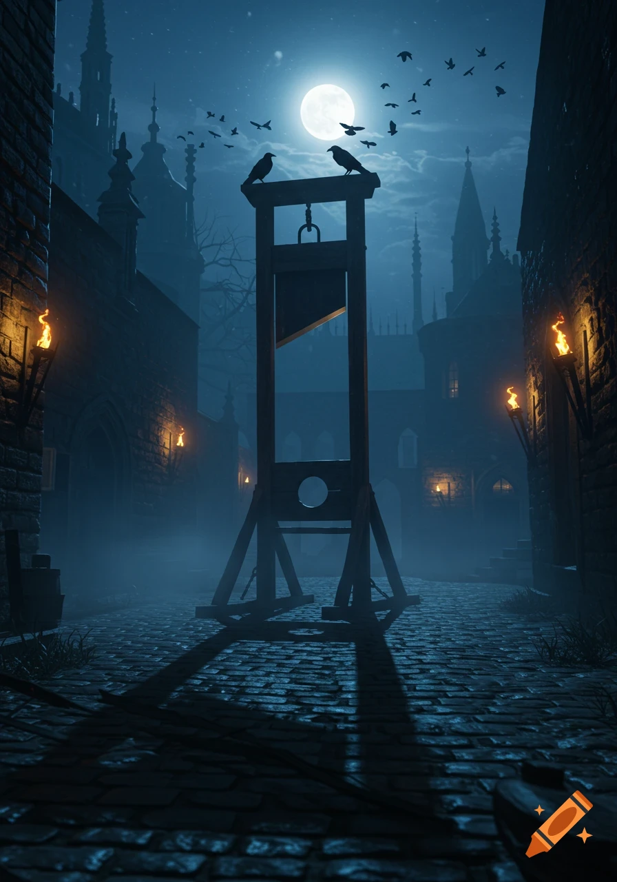A guillotine stands in a misty, cobblestone street at night, flanked by gothic buildings with torches under a full moon and flying crows.