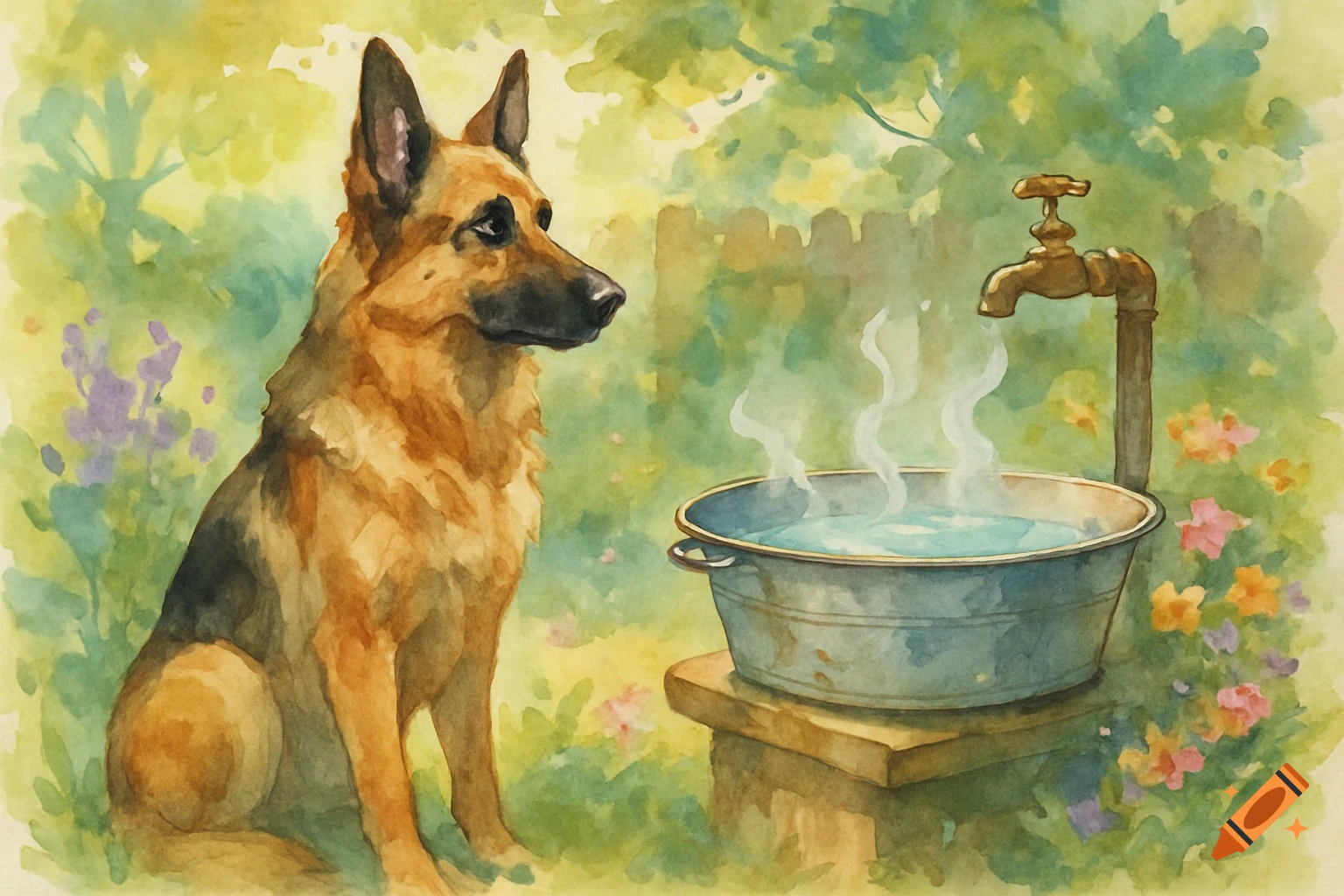A watercolor painting of a German Shepherd dog sitting next to a steaming metal tub and a water tap in a garden.