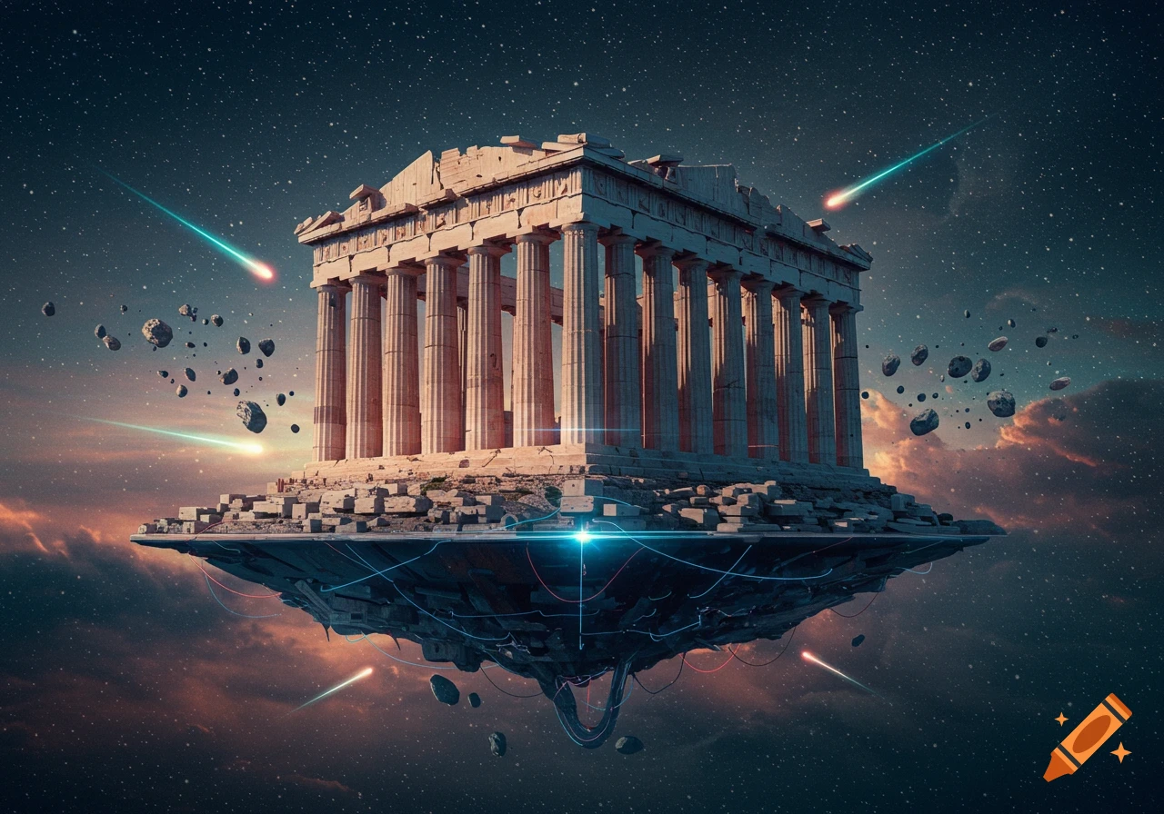 A futuristic, tech-noir Parthenon structure floats in space amidst glowing meteors and a starry cosmic background.