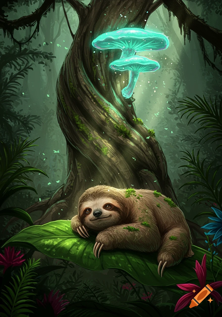 A whimsical illustration of a lazy sloth resting on a large green leaf, looking up at glowing blue mushrooms on a tall tree in a lush jungle.