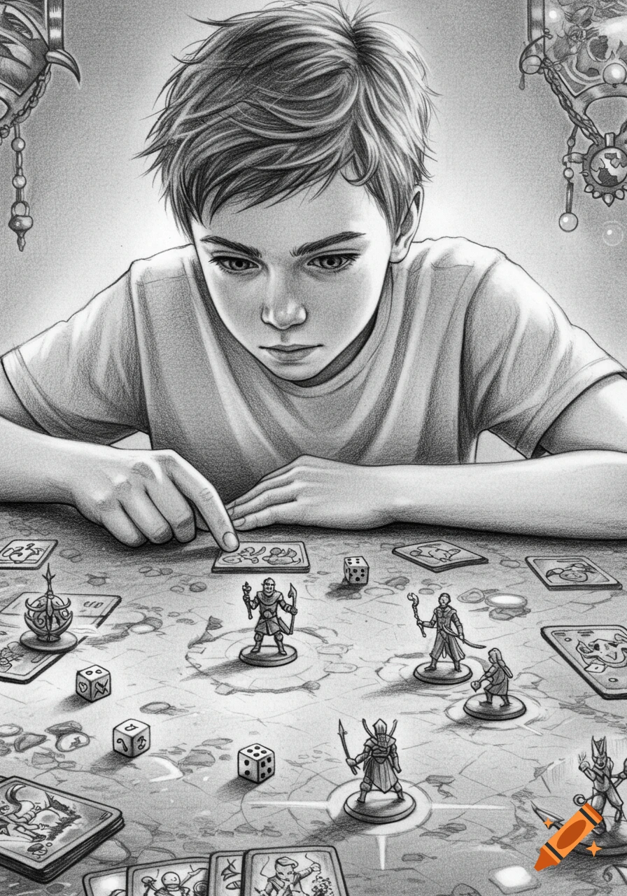 A pencil drawing of a young boy looking intently at a fantasy board game spread out on a table, featuring miniature figures, cards, and dice.