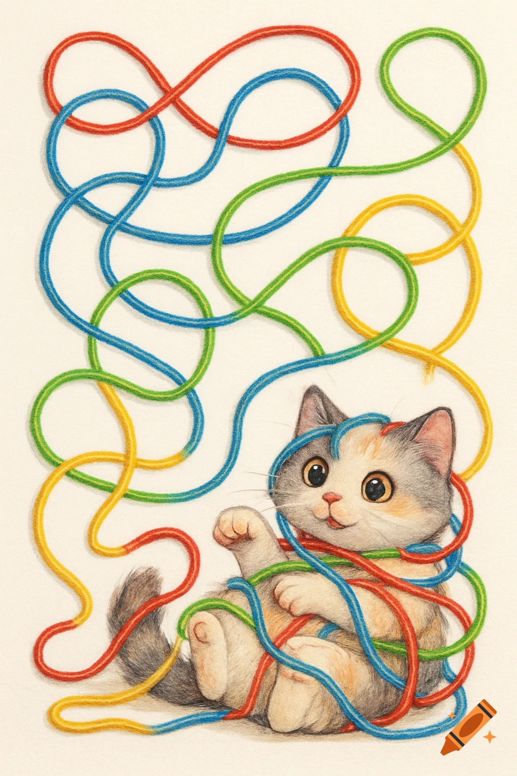 A cute calico kitten is playfully tangled in colorful red, blue, green, and yellow yarn, drawn in a charming colored pencil illustration style.