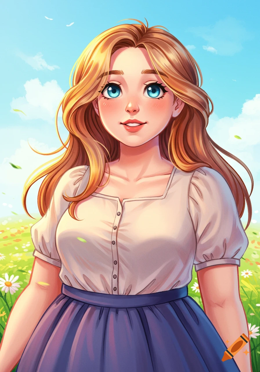 Cartoon illustration of a smiling blonde woman with blue eyes, in a field of flowers under a blue sky.