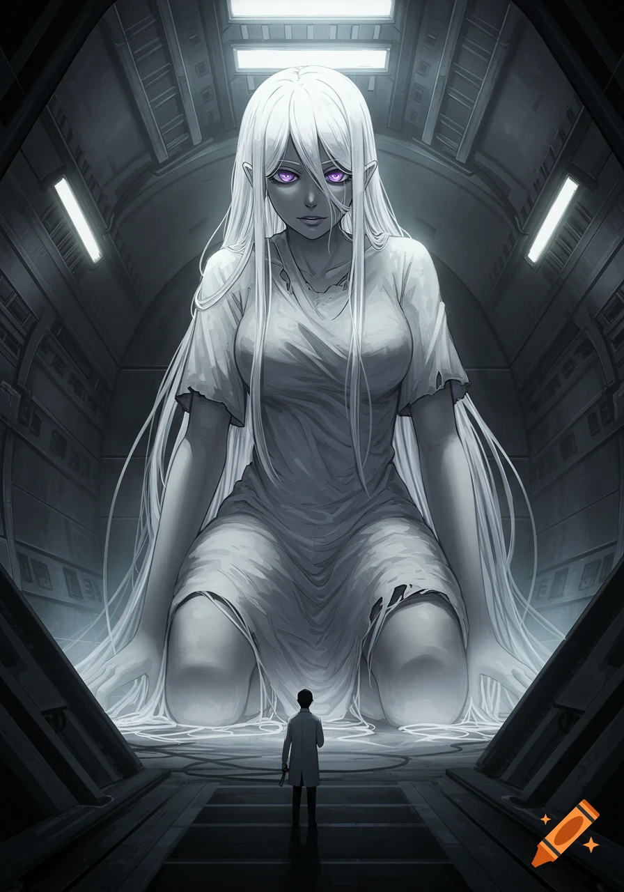 Anime style image of a giant white-haired woman with purple eyes kneeling in a dark bunker, looking down at a small scientist.