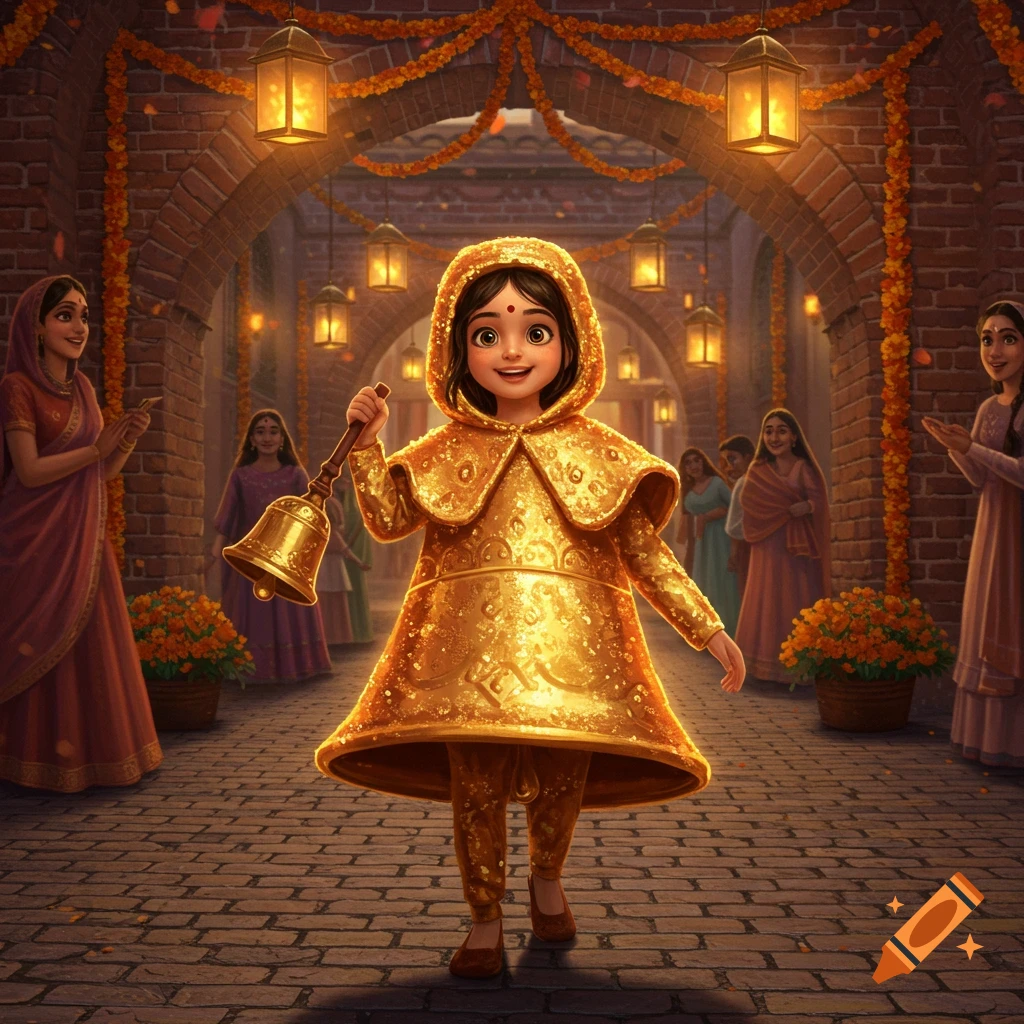 A cheerful girl in a golden bell costume rings a bell on a festive street with arches, garlands, and people.