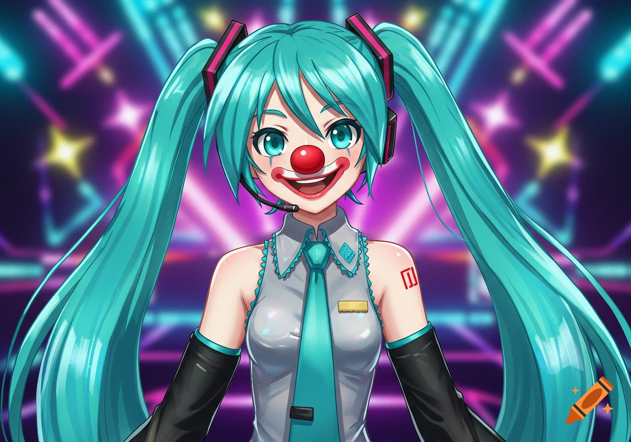 Hatsune Miku in her signature outfit and turquoise pigtails, wearing a large red clown nose and smiling against a neon stage background.