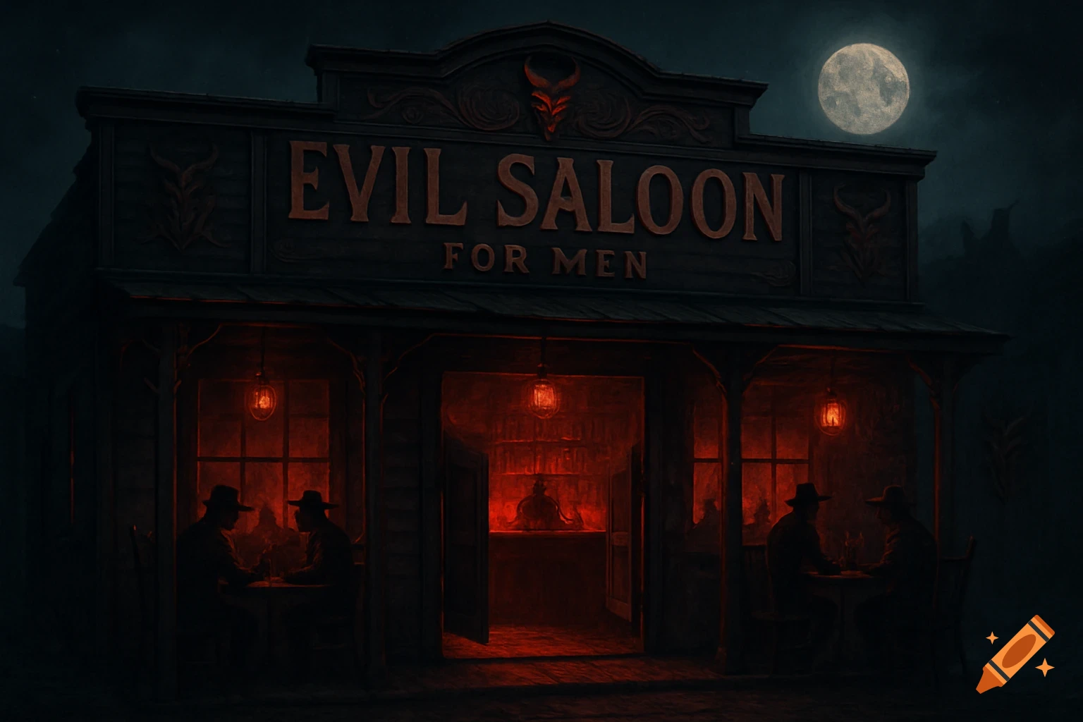 A dark, atmospheric image of the 'Evil Saloon for Men' at night under a full moon, glowing red from within.