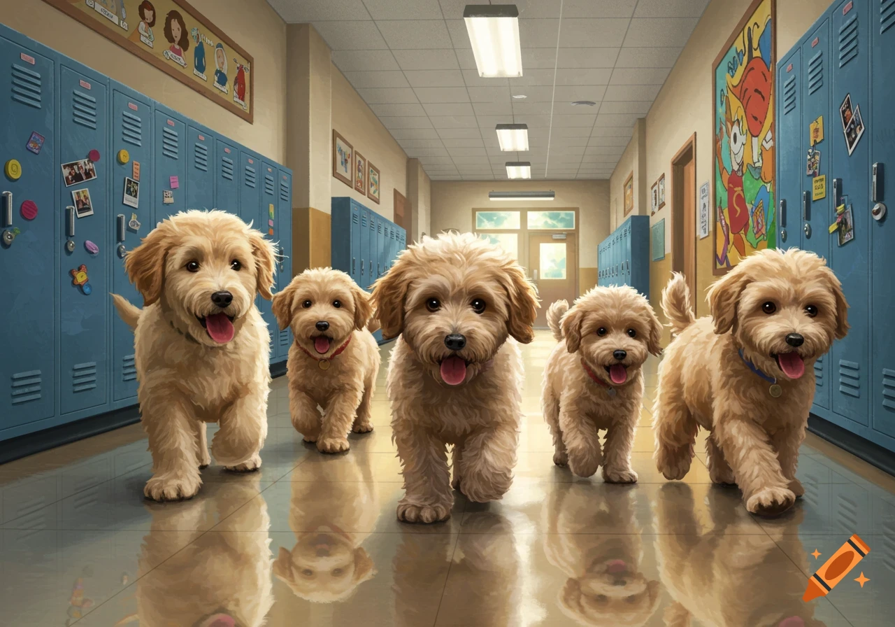 Five fluffy golden puppies with open mouths walk down a well-lit school hallway with blue lockers.