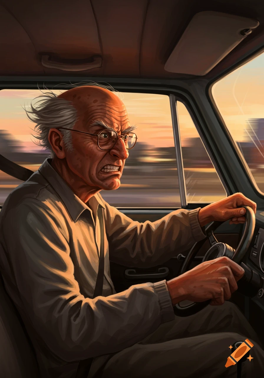 Illustration of an angry old man with white hair and glasses driving a car at sunset, motion blur in background.