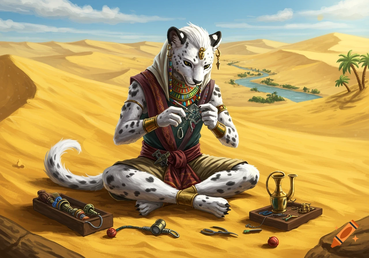 A white-furred, black-spotted anthropomorphic snow leopard artificer in Egyptian-style attire, sewing in the desert near the Nile river.