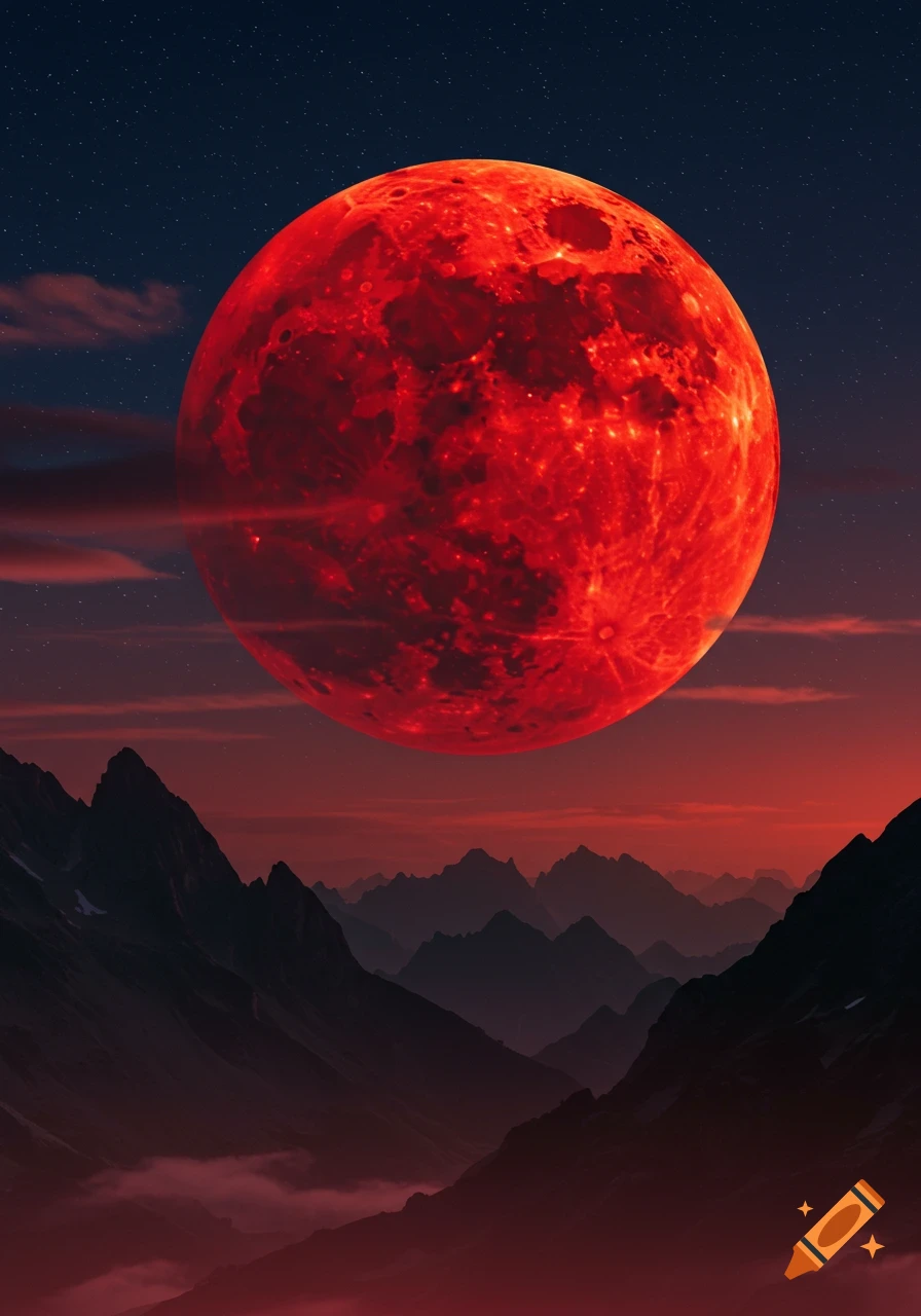 A huge, fiery red blood moon fills the dark, star-studded sky above jagged, shadowed mountain peaks with reddish atmospheric haze.