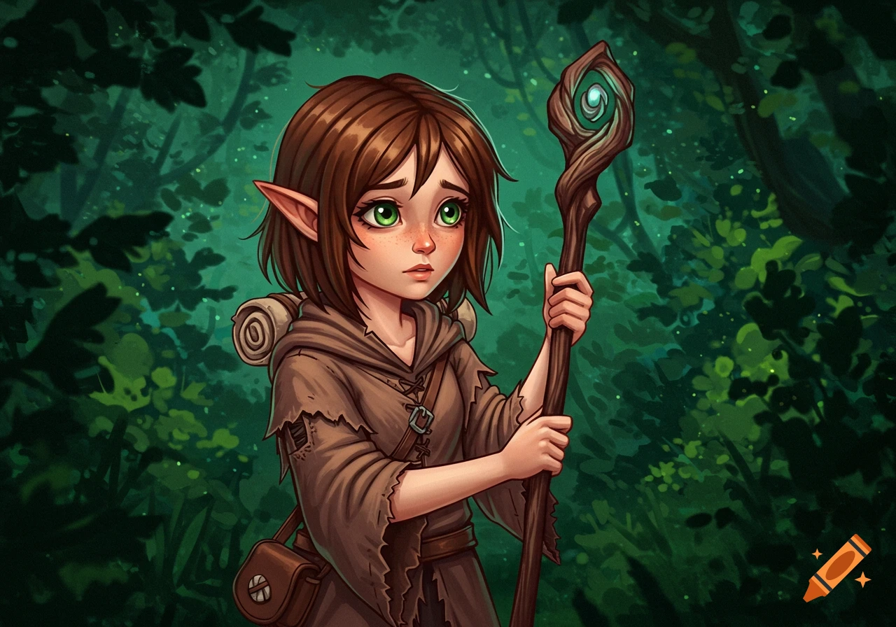 Cartoon of a nervous, brown-haired elf-like woman in a frayed brown robe, holding a glowing staff in a dark forest.