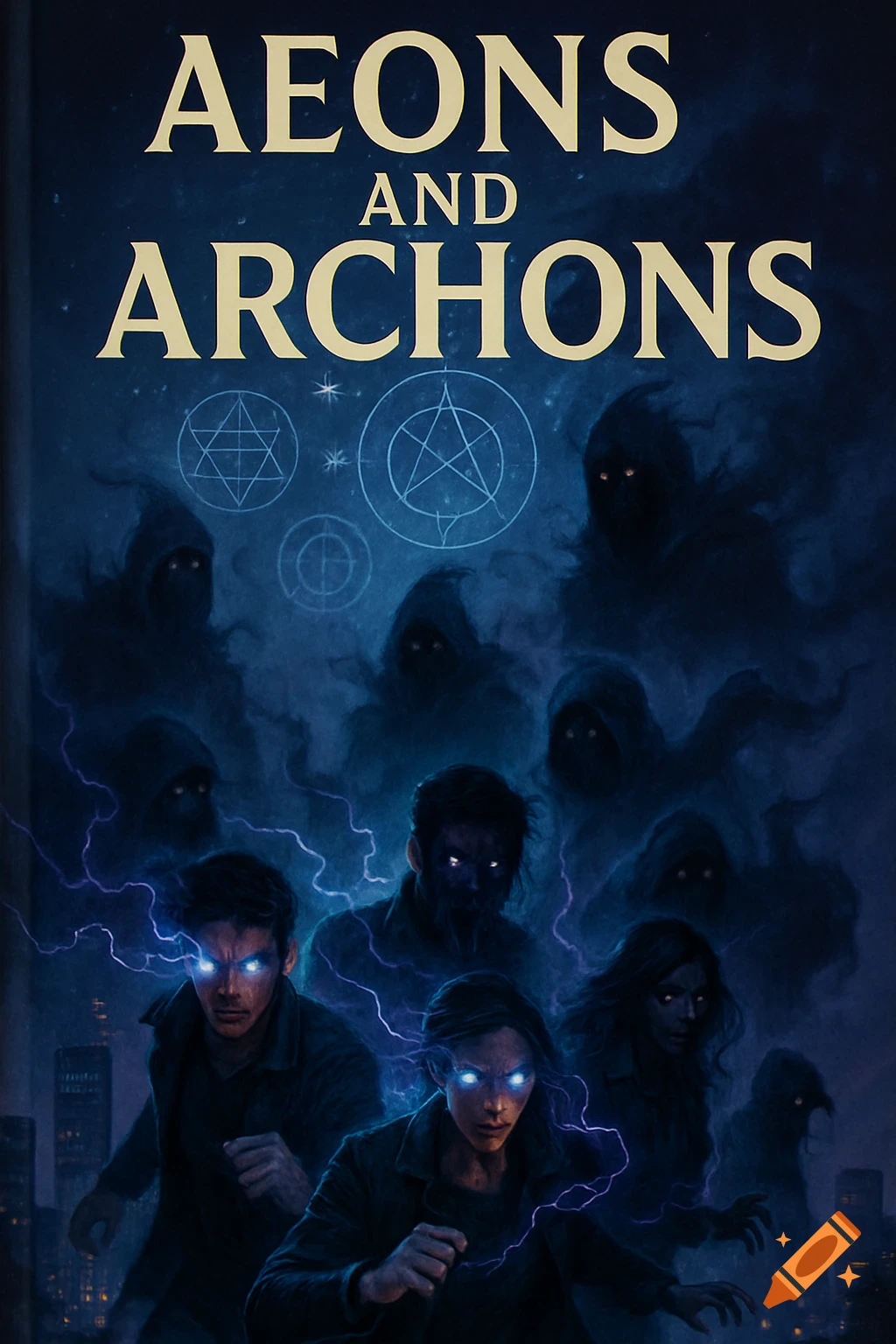 Dark book cover showing people with glowing eyes and electricity battling shadowy figures under the title 'AEONS AND ARCHONS'.