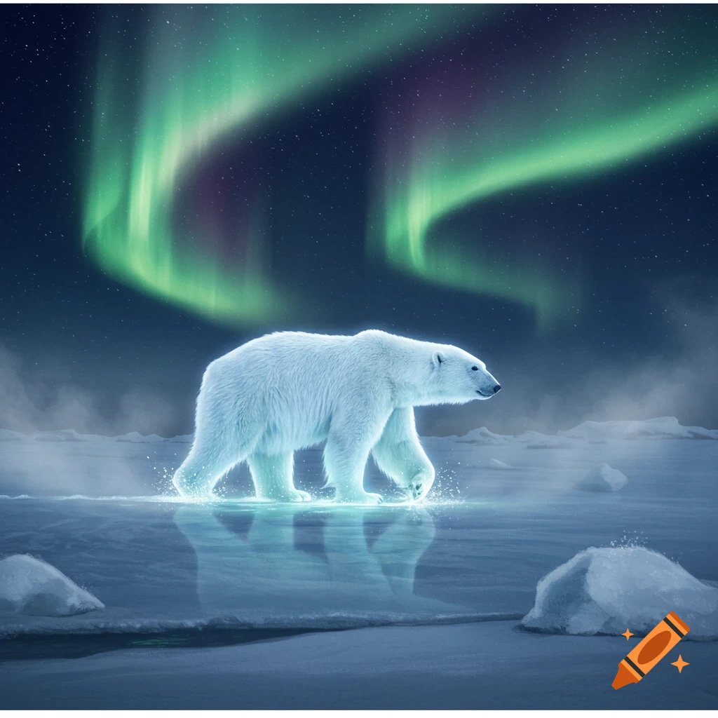 A glowing polar bear walks on ice with its reflection visible, under a dark starry sky illuminated by vibrant green aurora borealis.