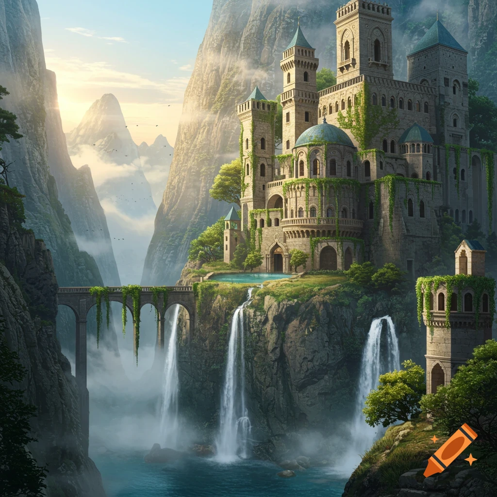 A majestic fantasy stone palace covered in ivy, perched on a mountain, with waterfalls cascading into a blue pool. Sunlit mountains in background.